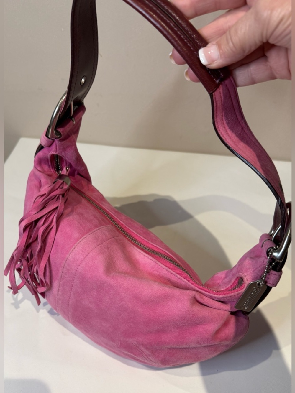 Coach Ltd Ed SoHo Bubblegum Pink Goat Suede Shoulder Bag with Tassel 2004 3671